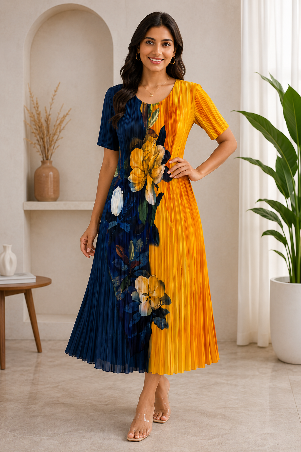 Saanjh Printed Pleated Dress