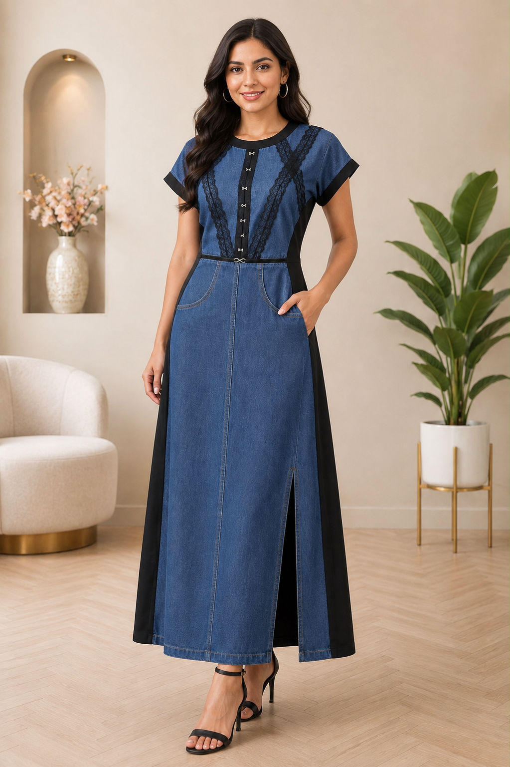 Indigo Denim Panelled Long Dress